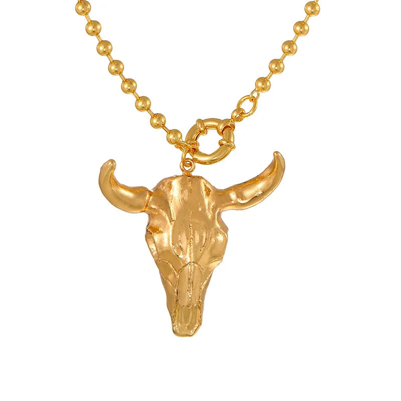 HangZhi Personality Unique New Gold Color Bull Head Horseshoe Pendant Necklace Anniversary Gift for Women Men Chunky...