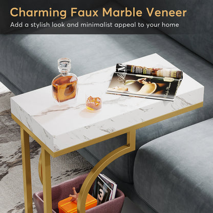 Tribesigns Narrow Side Table White Gold Side Table C Shaped End Table Modern Bedside Table Small Side Table for Couch