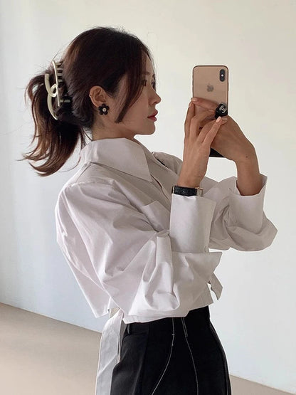 Zoki Korean Cropped White Shirts Women Back Lace Up Design Blouse Vintage Casual Long Sleeve Lady Elegant Hollow Out Spring Tops - Kimlud