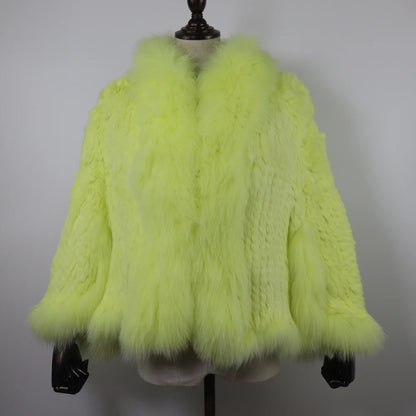 Hot Women Knitted 100% Real Rabbit Fur Shawl Winter Warm Genuine Rabbit Fur Pashmina Coat With Fox Fur Collar For Female...