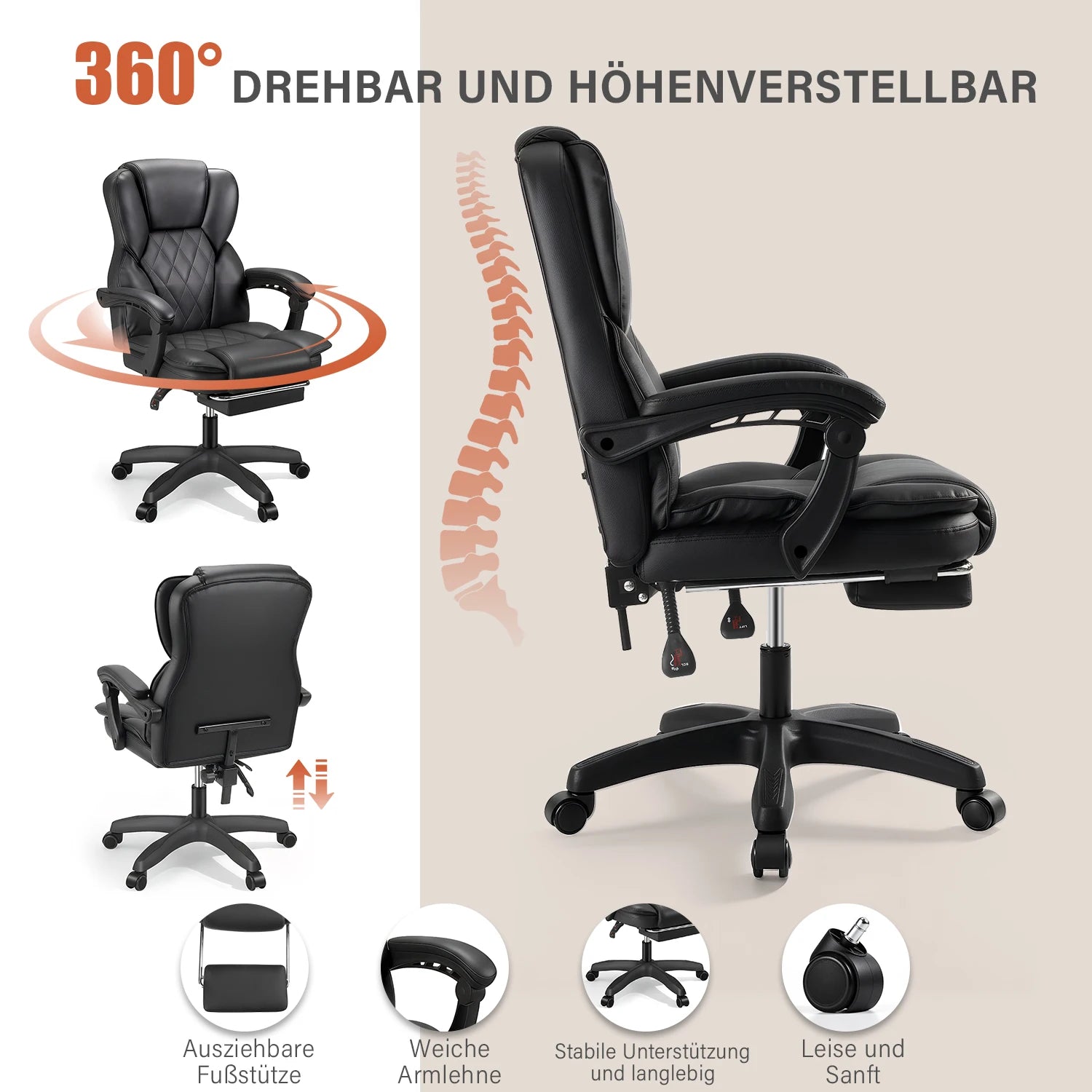 OYAJIA Office Chair, PU Leather Ergonomic Office Chair, 150kg Weight Capacity, Adjustable High-Back Computer Chair, Executive Swivel Chair with Footrest and Lumbar Support, Black/White - Kimlud