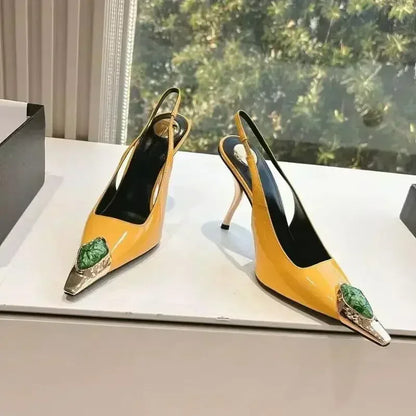 Luxury Metal Jewel Decoration Heels Women 2025 Sexy Pointed Toe Patent Leather Women Pumps Elegant Banquet High Heeled Sandals - Kimlud