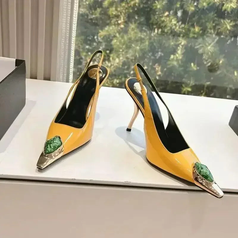 Luxury Metal Jewel Decoration Heels Women 2025 Sexy Pointed Toe Patent Leather Women Pumps Elegant Banquet High Heeled Sandals - Kimlud