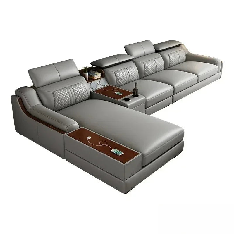 Stylish Italian Genuine Leather Sofa for Living Room with Cup Holder, USB, Adjustable Headrests & Bluetooth Speaker -...