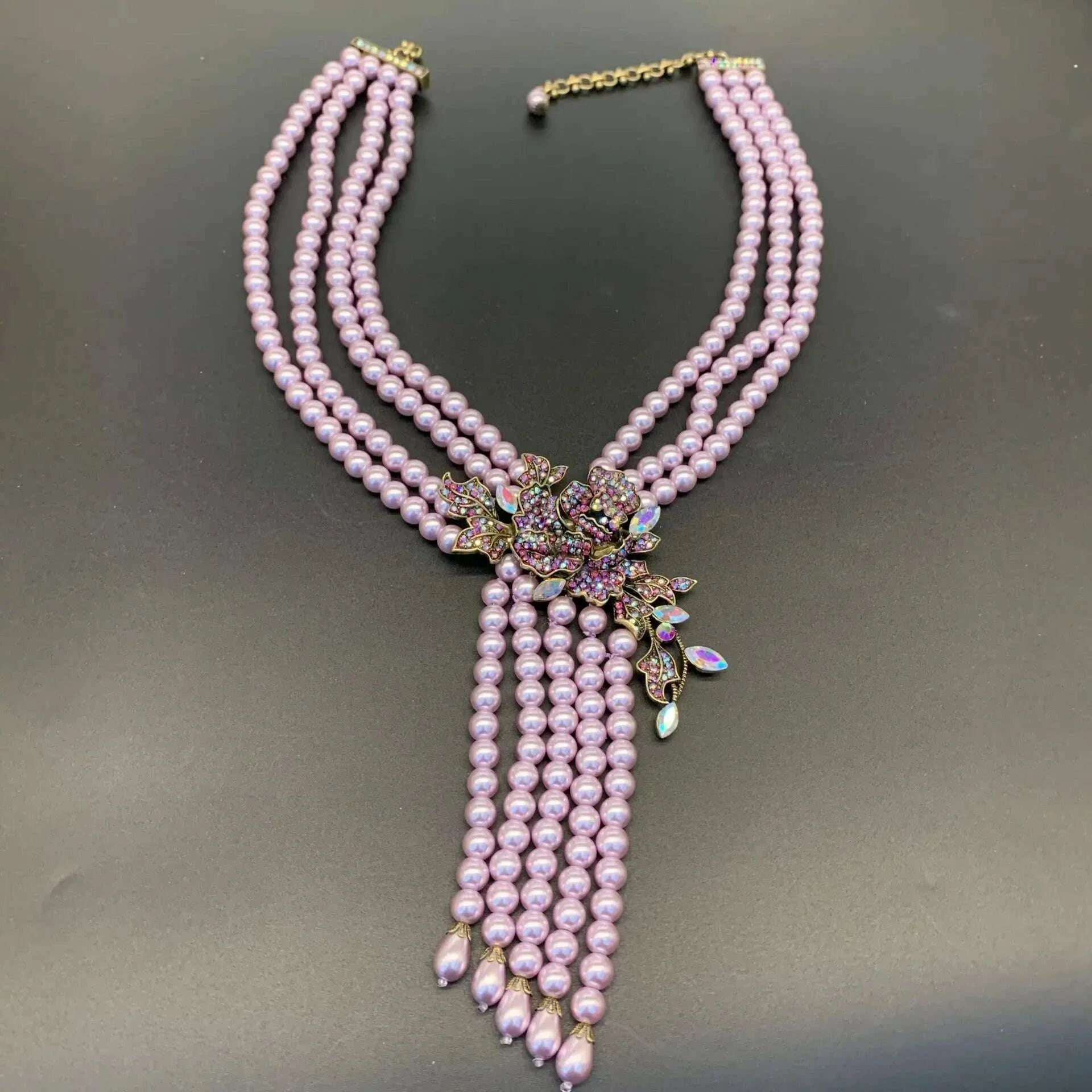 Luxury European and American Style Shining Necklace Earrings Purple Multi layered Glass Beads Flower Jewelry Set For Women