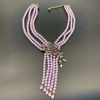 Luxury European and American Style Shining Necklace Earrings Purple Multi layered Glass Beads Flower Jewelry Set For Women