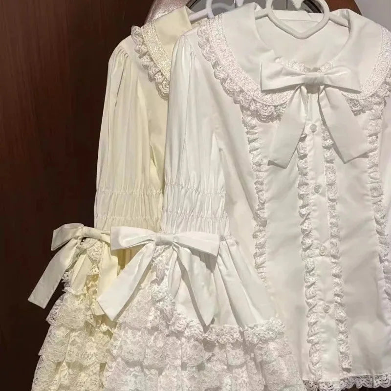Lolita Lace Blouse Shirt Sweet Women Graduate Cute Ruffle Kawaii Tops Layer Bell Flare Sleeve Princess Doll Collar With Bow