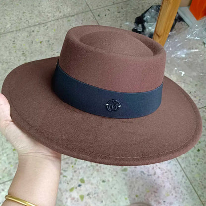 French felt hat Flat-top  Autumn and winter felt hats Letter accessories women's wide-brimmed hat sombrero fedora  sombrero