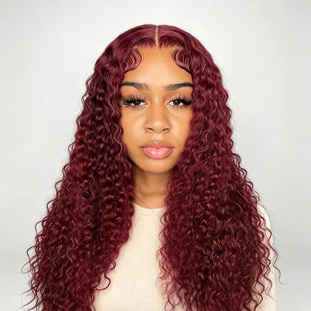 Deep Wave Human Hair Wig For Woman On Sale Natural Hairline 13x4 HD Lace Frontal Wigs Pre Plucked with Baby Hair 99J Burgundy