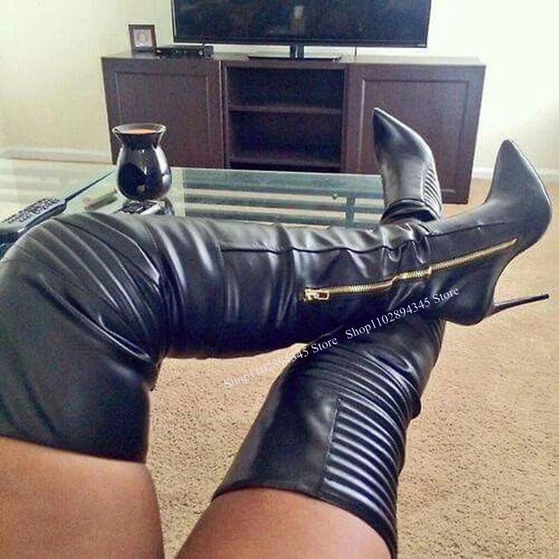 Black Fold Over Knee High Matte Boots Thin High Heel Pointed Toe Cool Sexy Fashionable Winter 2025 Woman Shoes Zapatillas Mujer
