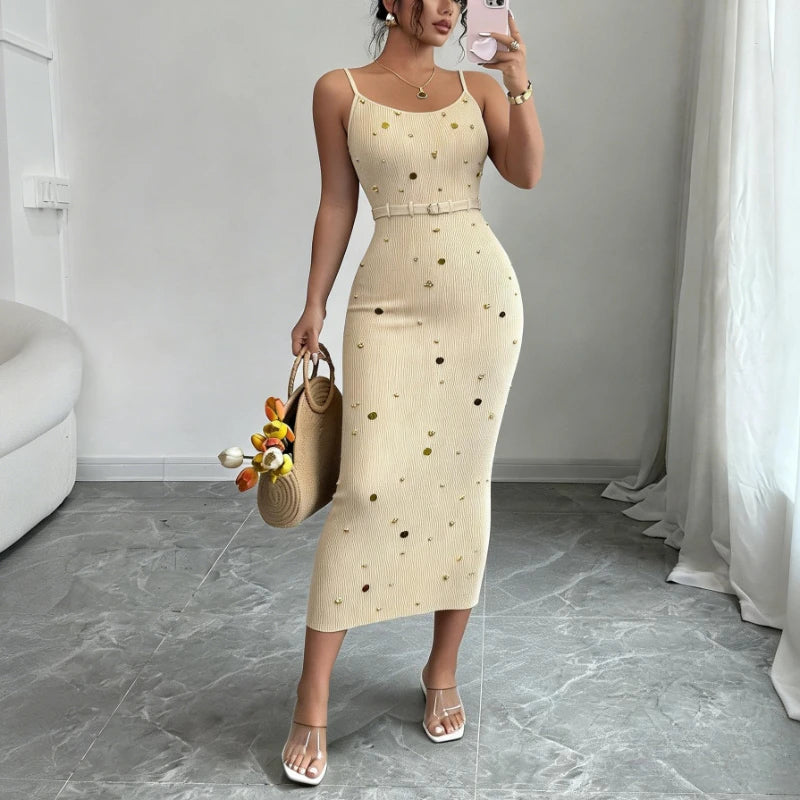 Women's Beige Spaghetti Strap Square Neck Gold Dot Embellished Belted Stretchy Knit Bodycon Maxi Dress Elegant Party Long Dress - Kimlud