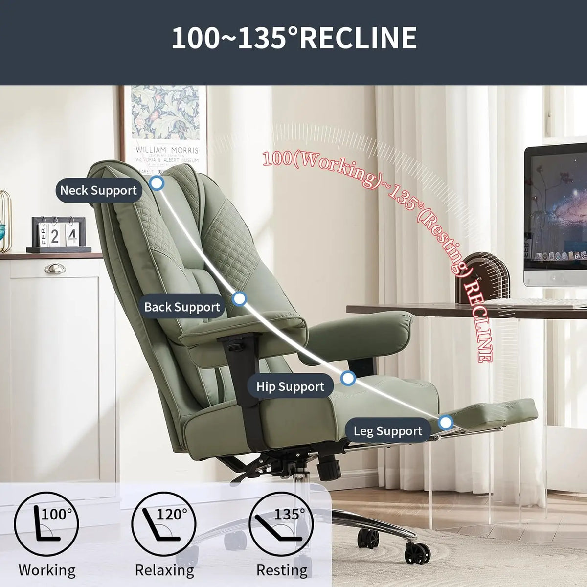 Ergonomic Executive Office Chair with Footrest, 400lbs Capacity, Lumbar Support for Back Pain Relief in Light Green |...