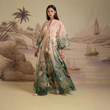 Ele Floral Print Maxi Dr with Single Button Closure And Flower Belt Vaion Wear Polyester Fiber Lantern Sve