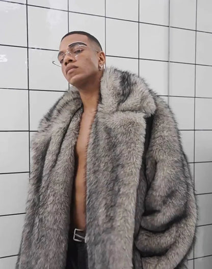New men's fur coat, fox fur lapels, long trendy overcoat, winter windproof and warm trench coat, large size | Kimlud...