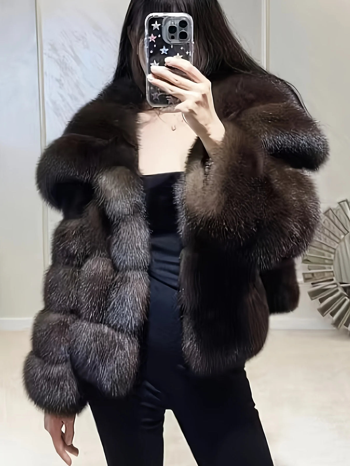 Imitation Fur Russian Sable Pit Strip Large Lapel Long Sleeve Autumn-Winter Fashionable Warm Cropped Women's Street Coat