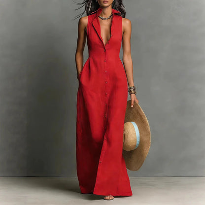 Women Maxi Dress Sleeveless Lapel Collar Button Down Shirt Dress With Pockets Deep V Neck Summer Beach Vacation Long Sundress