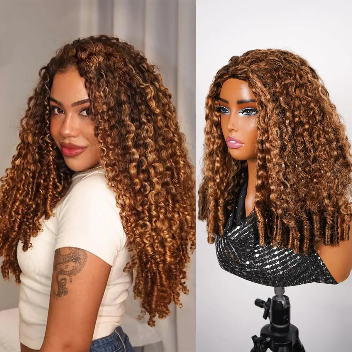 Highlight Burmese Curly 3 IN1 Half Wig Human Hair With Drawstring 250 Density Glueless Half Wig Flip Over Burmese Curly Half Wig