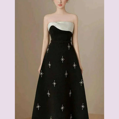 DEAT Elegant Dress Spliced Diamonds Contrast Color Strapless Sleeveless Women's Party Dresses 2024 Autumn New Fashion 15C159