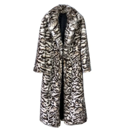 DEAT 2025 Winter Thick Leopard Print Faux Fox Fur Coat For Women Contrast Color High Quality Suit Collar Overcoat 11A06743