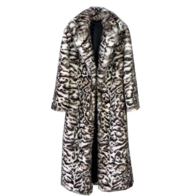 DEAT 2025 Winter Thick Leopard Print Faux Fox Fur Coat For Women Contrast Color High Quality Suit Collar Overcoat 11A06743