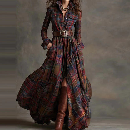 2025 Turn-Down Collar Patchwork Party Dress, Women Spring Autumn Long Sleeve Chic Maxi Dress, Plaid Printed Loose Cardigan Dress