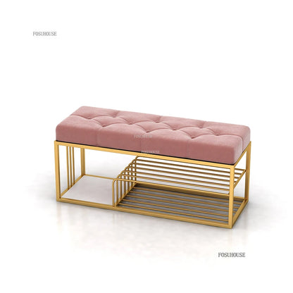 Nordic Iron Shoe Changing Stools Home Living Room Furniture Door Ottomans Light Luxury Cushioned Bench Creative Bed End Stool X - Kimlud