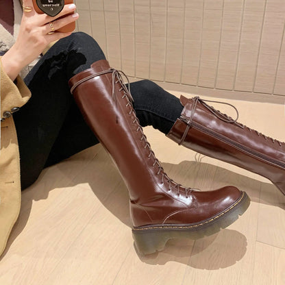 Krazing Pot Vintage Cow Split Leather Wool Snow Boots Winter Keep Warm Round Toe Cross-tied Med Heels Platform Thigh High Boots