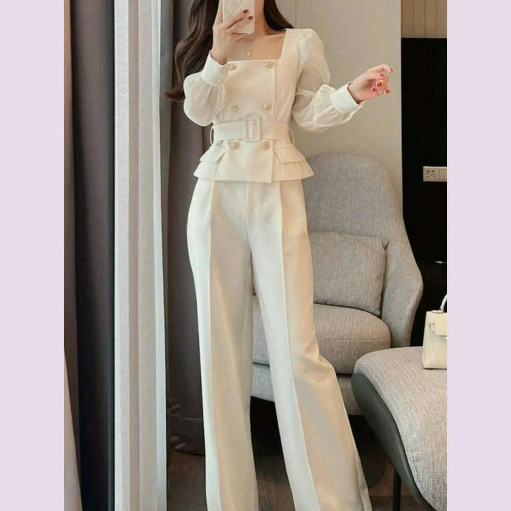Sets Women Chic Korean Style Spring New Graceful Square Collar Tops Simple Wide Leg Pants Temperament Office Ladies Two Pieces