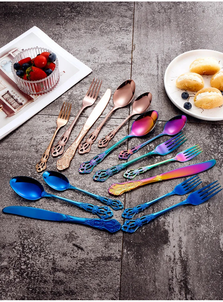 Golden Stainless Steel Cutlery Set Royal European Spoon Fork Complete Tableware Retro Design Dishwasher Safe Elegant...