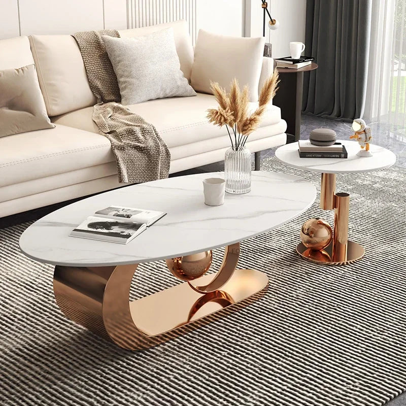 Italian Rock Plate Coffee Tables Living Room Luxury Oval Side Table Creative Wrought Iron Center Table Set Nordic Home...
