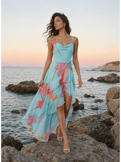 Sexy Spaghetti Strap Floral Printed Split Ruffles Long Dress Women Sleeveless Backless 3D Flower Dresses Summer Holiday Party