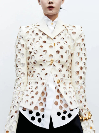 TWOTWINSTYLE Modern Hollow Out Jackets Women Lapel Neck Long Sleeve Gold Ornament Buttons Loose Jacket Streetwear...