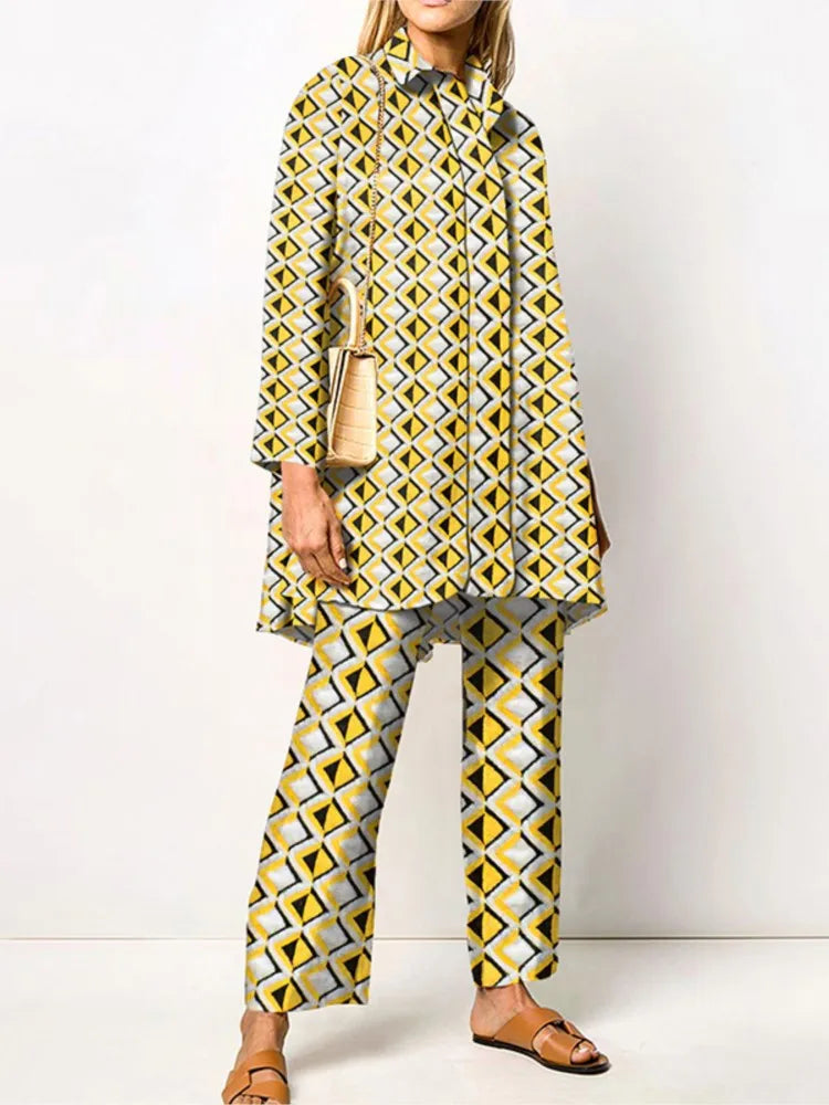 Autumn New Loose Vintage Printed Pant Sets Women Long Sleeve Shirts And Wide Legs Trousers Two Piece Set 2025 Fashion Streetwear