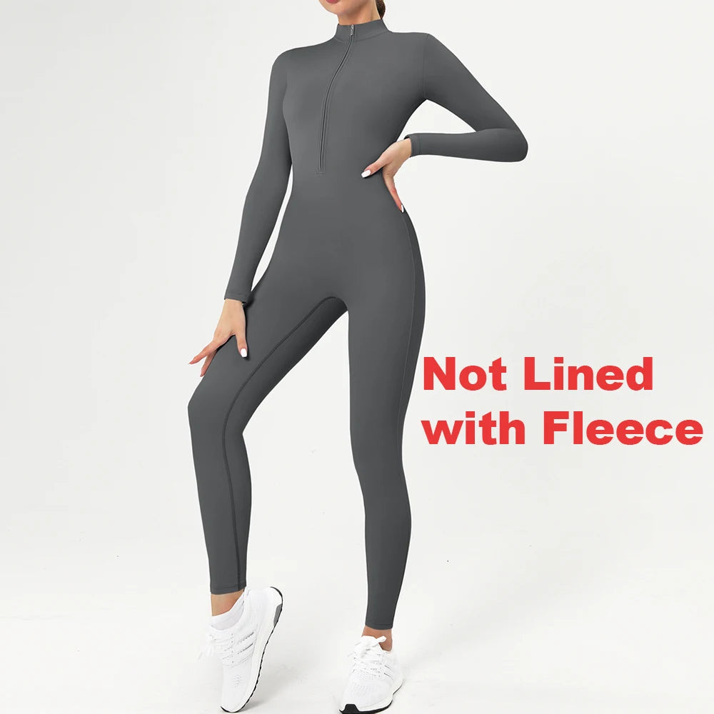 Warm Longsleeve Jumpsuts Women Thickened Sport Overalls Gym Set Zipper Fitness Bodysuits Winter Jumpsuit Workout Tracksuit - Kimlud