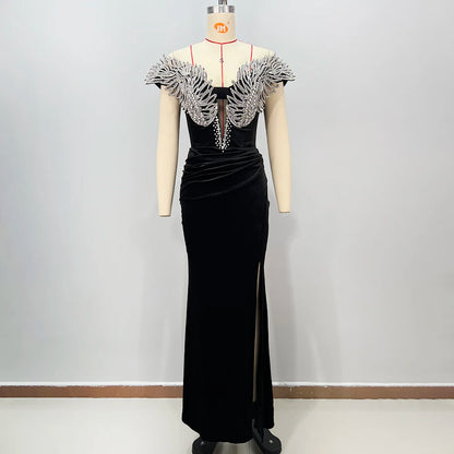 VC Fashion Black Velvet Gown with Crystal Feather Shoulders Maxi Dress with High Slit
