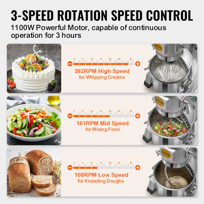 SucceBuy Commercial Food Mixer Commercial Stand Mixer with 3 Speeds Dough Mixer with Stainless Steel Bowl and 3 Attachments - Kimlud