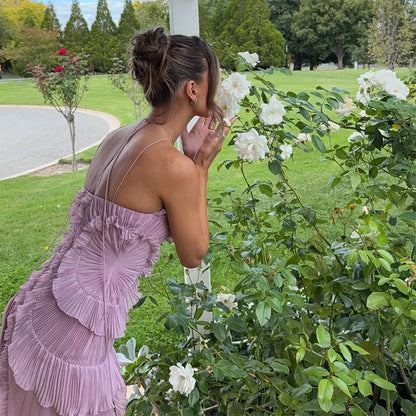 Ruffles Tiered Pleated Maxi Dress Women Summer Fashion A Line Backless Halter Sexy Dresses Gown Elegant Evening Long Party Dress