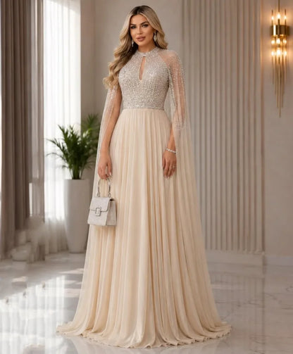 Champagne Maxi Mother of the Bride Dresses With Cape Beaded High Neck Pleated Modern Women Wedding Party Guest Gown Customized