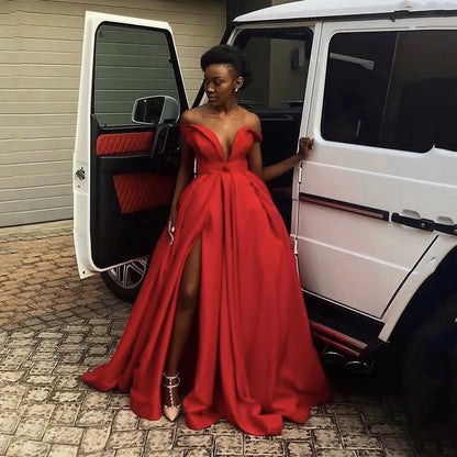 New Couture Long Evening Formal Dress with Split Off Shoulder Draped Prom Gowns Red A Line Long Prom Dresses Off Shoulder - Kimlud