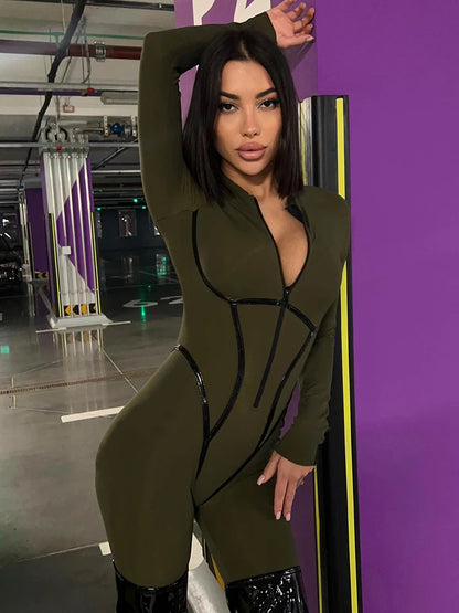 S-4XLWomen Sexy Zipper Jumpsuit Long Sleeve Bandage Tights Solid Bodysuit Female Party Bodycon Stretch Sporty Leisure - Kimlud