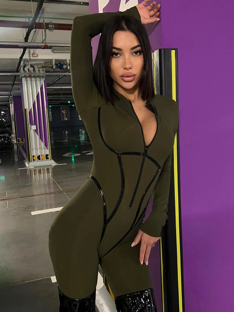 S-4XLWomen Sexy Zipper Jumpsuit Long Sleeve Bandage Tights Solid Bodysuit Female Party Bodycon Stretch Sporty Leisure - Kimlud