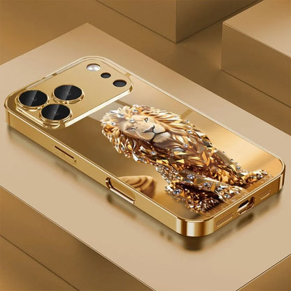 Crystal Gold Lion Pattern Gold Metallic Paint Glass Phone Case For iPhone 17 11 12 13 14 15 16 Pro Max 15 Plus 17Air 16E Cover