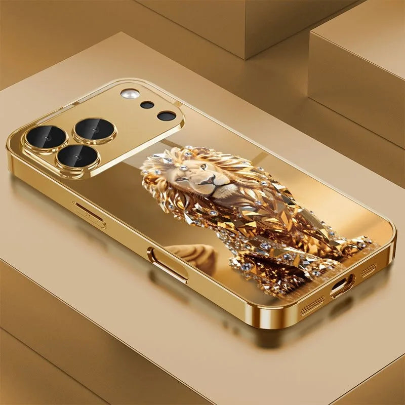 Crystal Gold Lion Pattern Gold Metallic Paint Glass Phone Case For iPhone 17 11 12 13 14 15 16 Pro Max 15 Plus 17Air 16E Cover