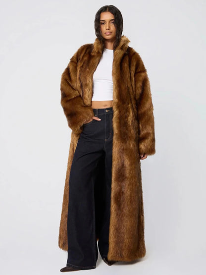DEAT Fashion Brown X-long Faux Fur Coat Women's Lapel Loose Long Sleeves Sashes Plush Thick Overcoat Winter New 7A1470