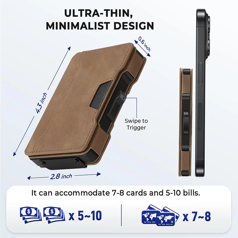 Minimalist Mens Wallet with Money Clip, Aluminum Pop Up Card Case and Leather Slots Credit Card Holder RFID Blocking Wallet