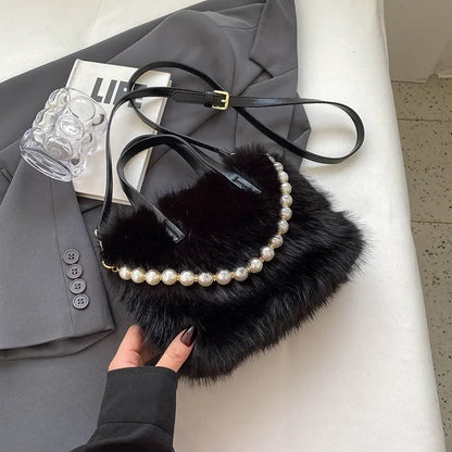 Winter Fashion Faux Fur Crossbody Bags for Women's Gift, Pearl Chain Decor Shoulder Bag, Ladies Handbags Top-handel Bag