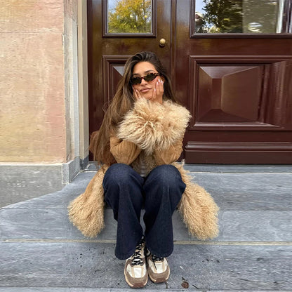 Vintage Patchwork Women's Faux Fur Trim Coat Urban Lapel Full Sleeve Female Jacket Female 2026 Spring Winter Lady Streetwear New