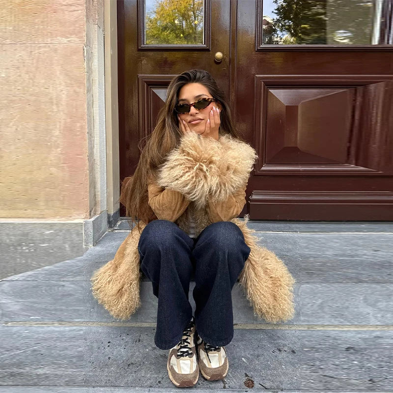 Vintage Patchwork Women's Faux Fur Trim Coat Urban Lapel Full Sleeve Female Jacket Female 2026 Spring Winter Lady Streetwear New