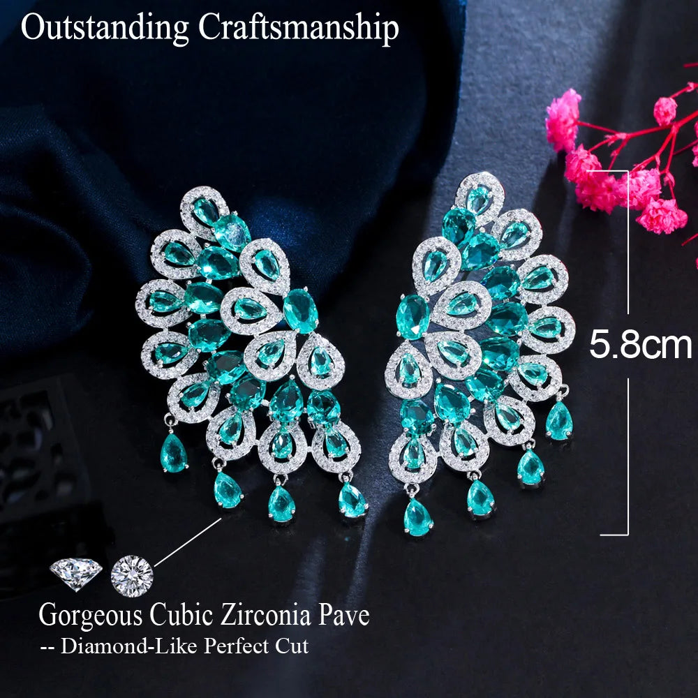 CWWZircons Luxurious Chunky Peacock Tassel Drop Green CZ Big Fringed Earrings for Women Wedding Party Wear Fine Jewelry CZ221