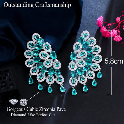 CWWZircons Luxurious Chunky Peacock Tassel Drop Green CZ Big Fringed Earrings for Women Wedding Party Wear Fine Jewelry CZ221